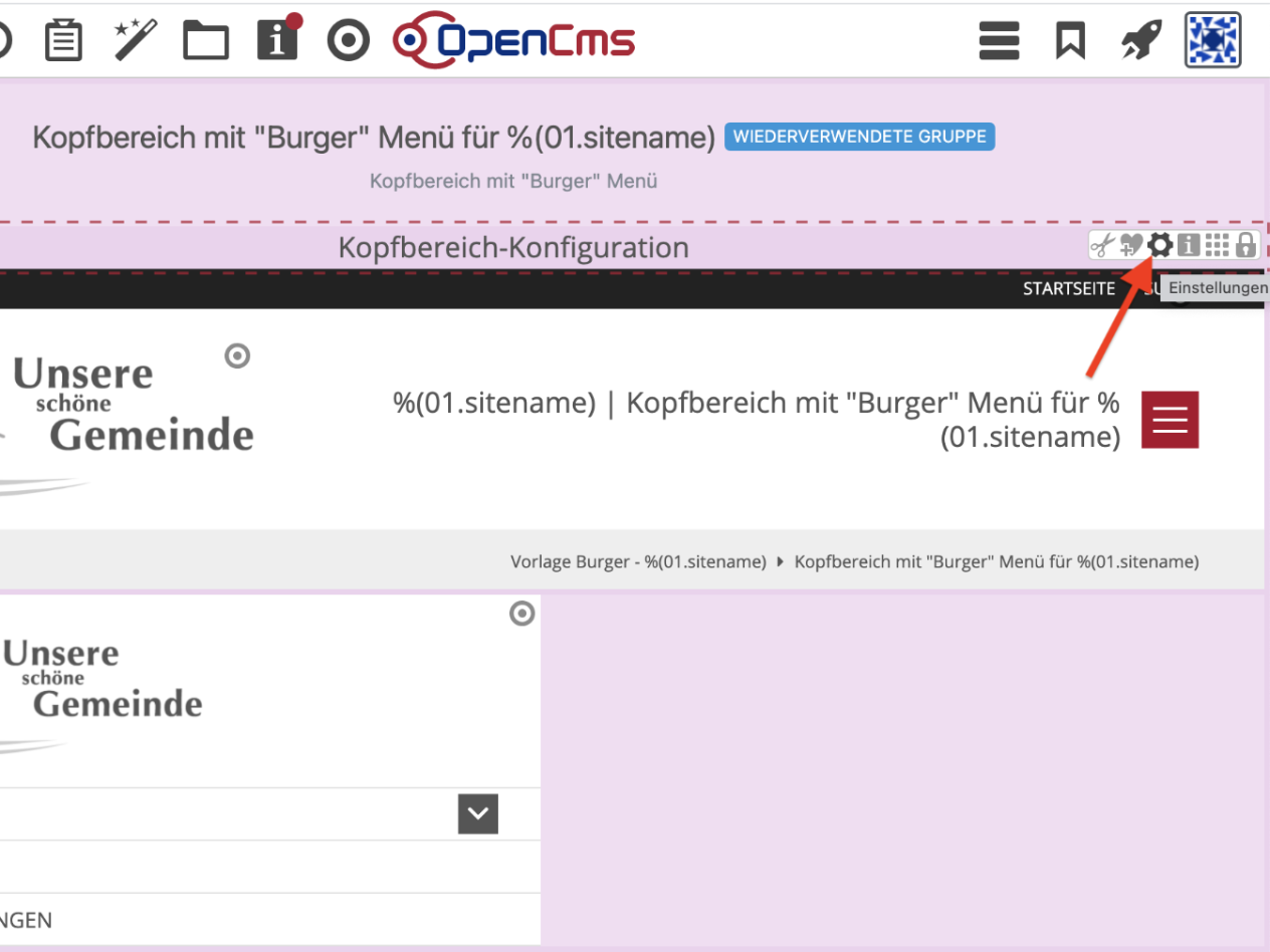 Kopfbereich-Konfiguration für das 'Burger' Menü aufrufen