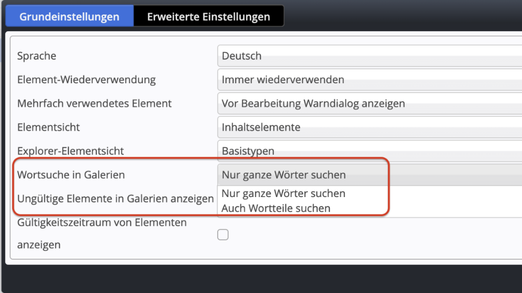 Benutzereinstellung für die Galeriesuche