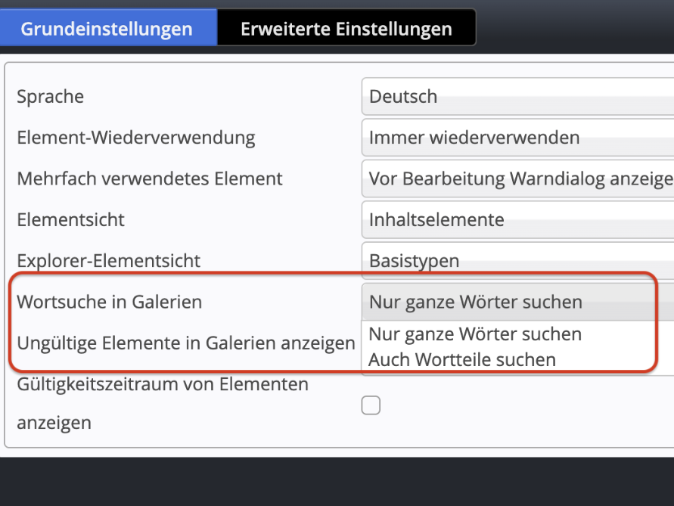 Benutzereinstellung für die Galeriesuche